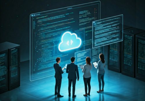 Team analyzing cloud-based data and solutions