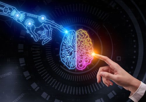 Human interacting with technology interface and digital connections